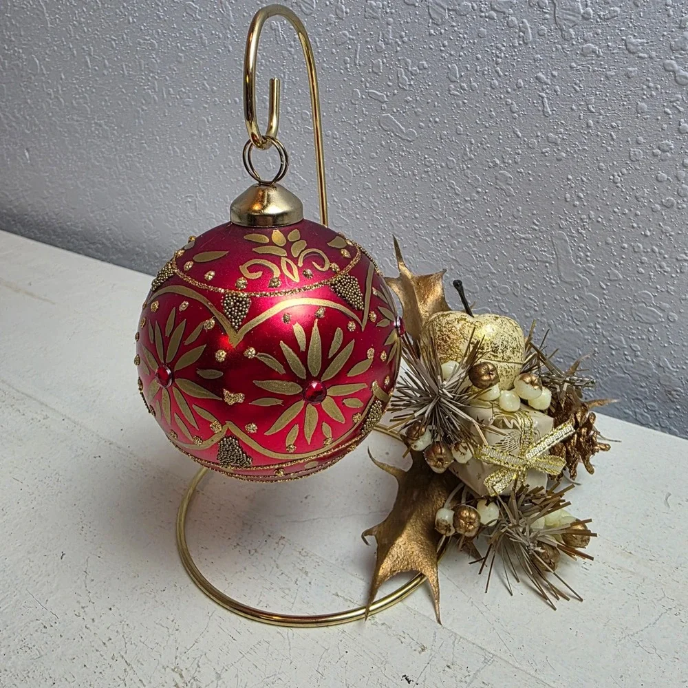 CLEARANCE 💲6️⃣ Red‎ Gold Beaded Christmas Ornament Holiday Decor Ball Glitter